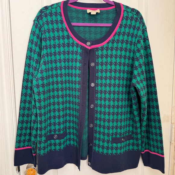 APPLESEED’S SWEATER/CARDIGAN. SIZE XL BUTTONED, NAVY/GREEN HOUNDSTOOTH, VINTAGE - Picture 2 of 12